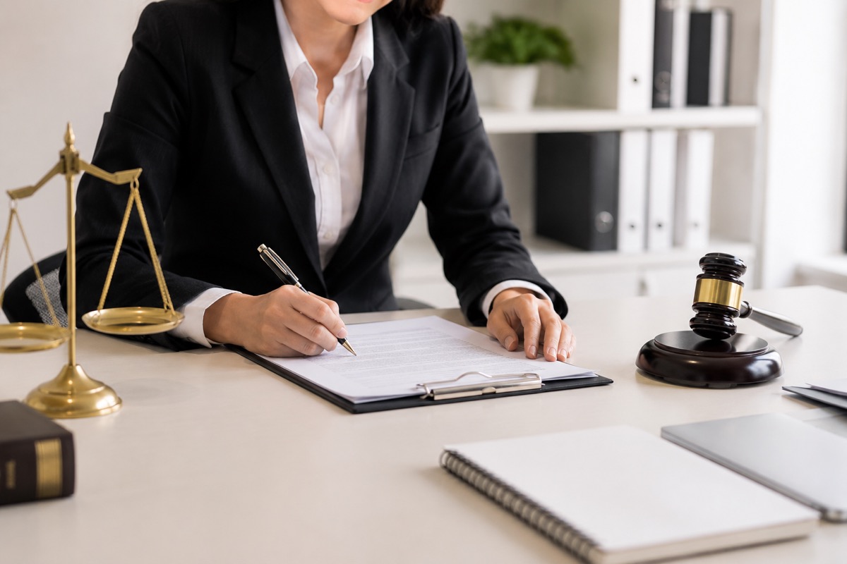 Attorney signing beside the scales of justice and a gavel