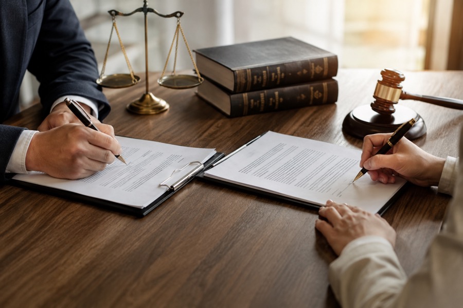 Signing engagement documents at a desk, scales of justice and law books nearby
